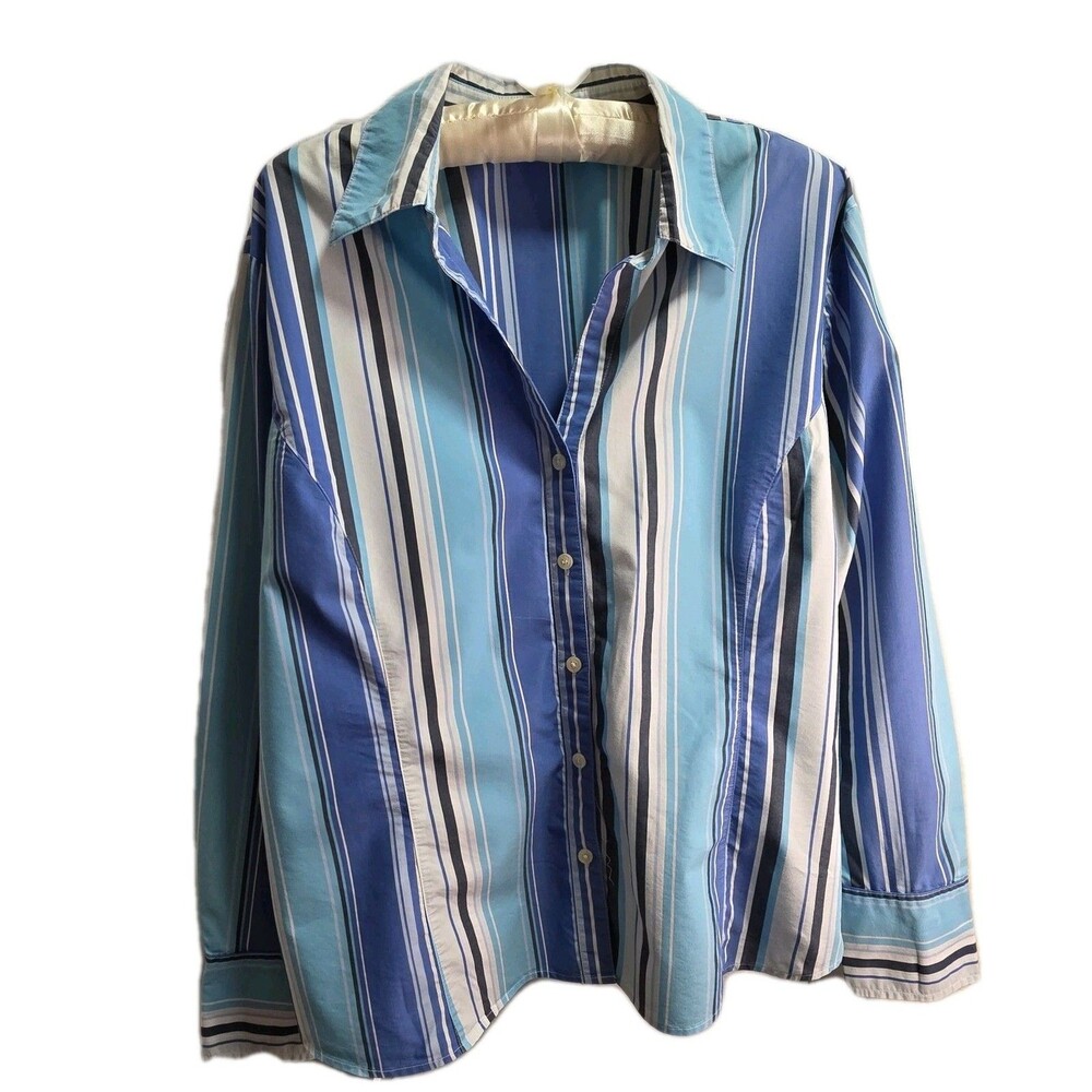 G.H. BASS Women’s XL Button Up Long Sleeve Blouse Blue White Grey Stripes